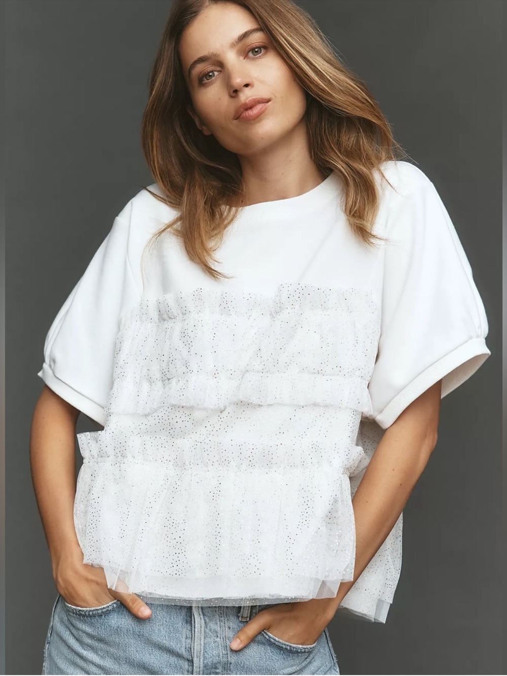 Maeve White Ruffle Tiered Tulle Sweatshirt